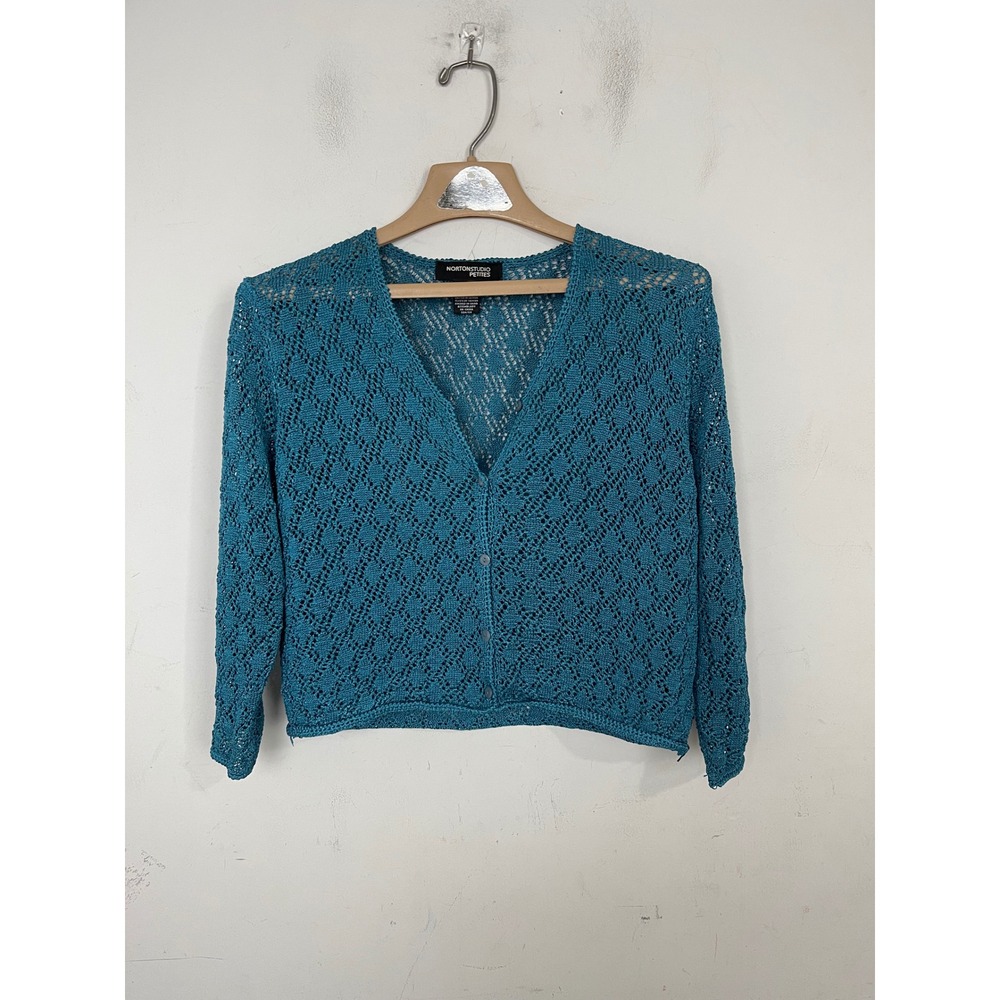 Norton Studio Petites Teal Blue Open Knit Diamond Cardigan Sweater Size PM